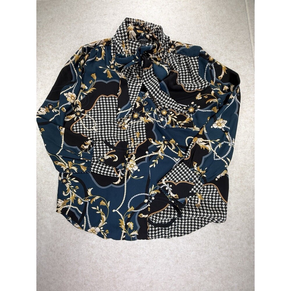 Ann Taylor Bow Tie Blouse Teal Pearl Print Equestrian Long Sleeve Size Small - Picture 2 of 13